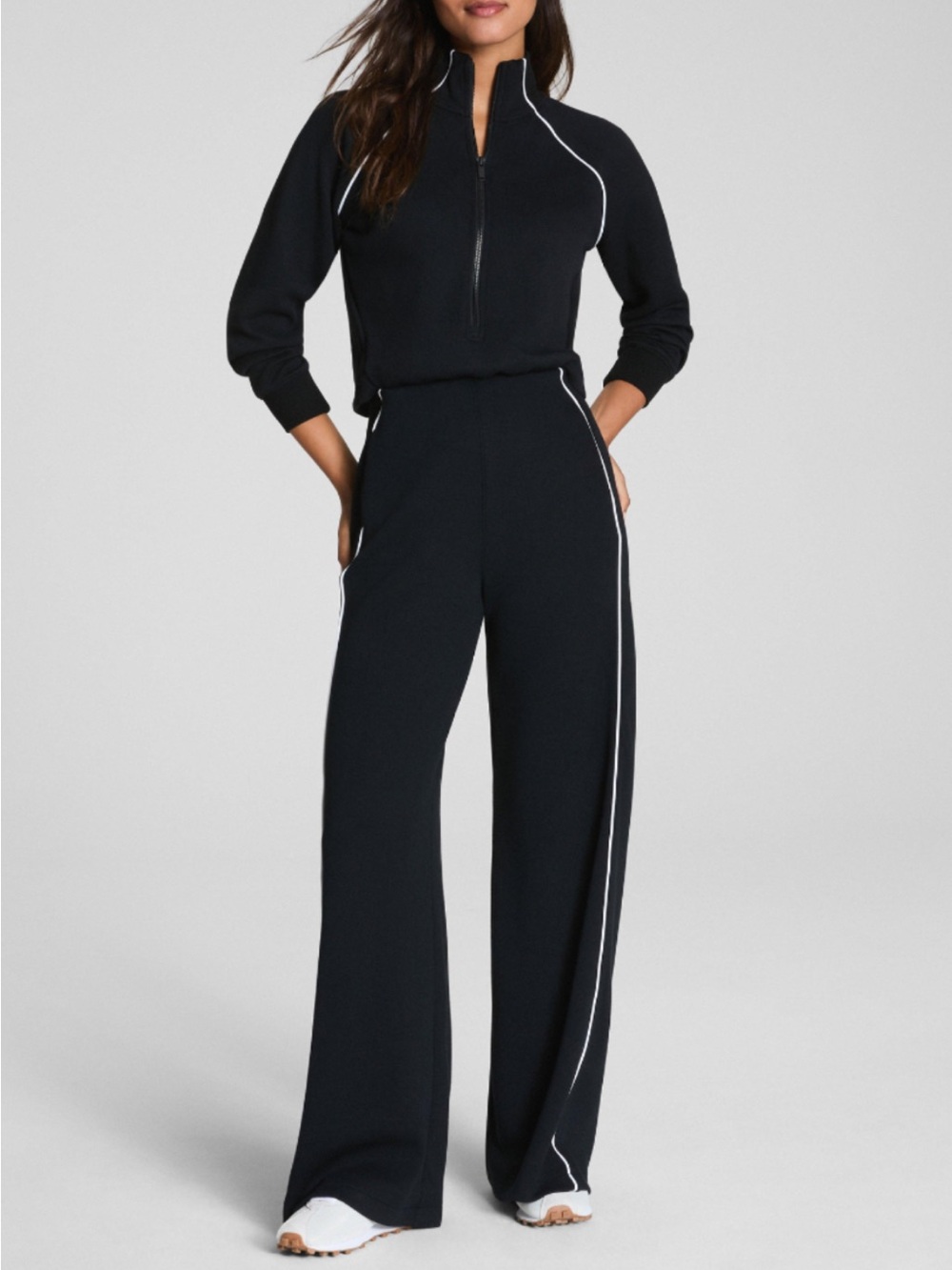 Wide-Leg Track Pants with Contrast Piping - Black
